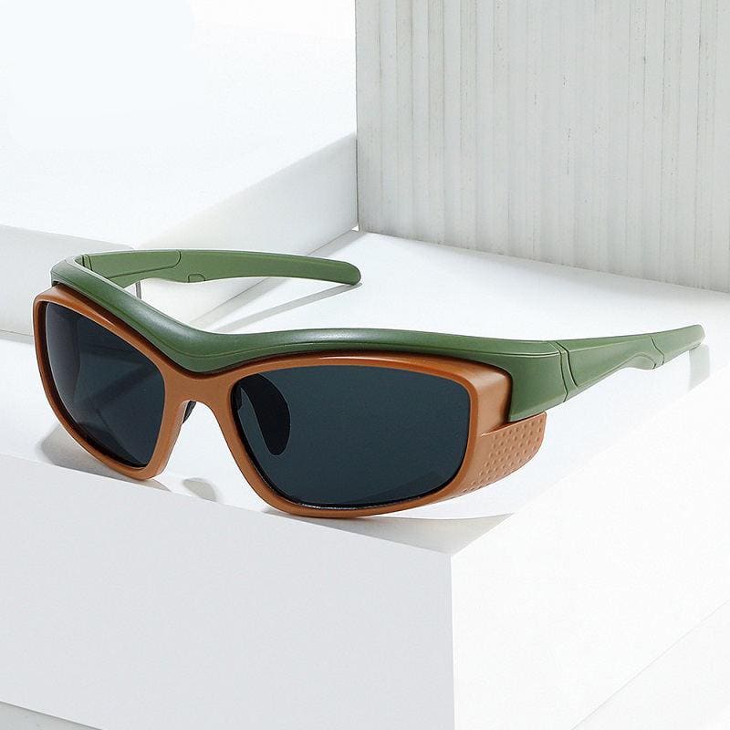 Stylish eco-friendly sunglasses with dark tinted lenses, green and brown frame, lightweight design, perfect for outdoor activities and fashion-conscious consumers.