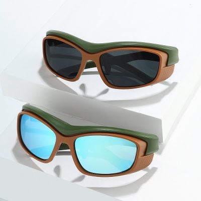 Stylish sunglasses with durable green and brown frame, polarized lenses perfect for outdoor activities, UV protection, and trendy eyewear for fashion-conscious individuals.