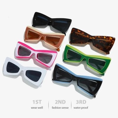 Brightly colored sunglasses for stylish optical accessories, featuring trendy frames in black, brown, pink, white, green, and blue. Perfect for fashion-forward individuals seeking UV protection and eye health.