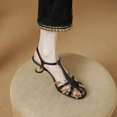 Stylish women's high-heeled sandals with strappy design in black and beige, ideal for special occasions, fashion accessories, and footwear shopping at Monalisa Store.