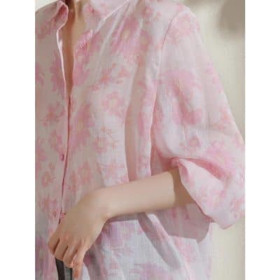 Optical-friendly pink floral blouse with comfortable fit and stylish design, perfect for casual or office wear, available at Monalisa Store.