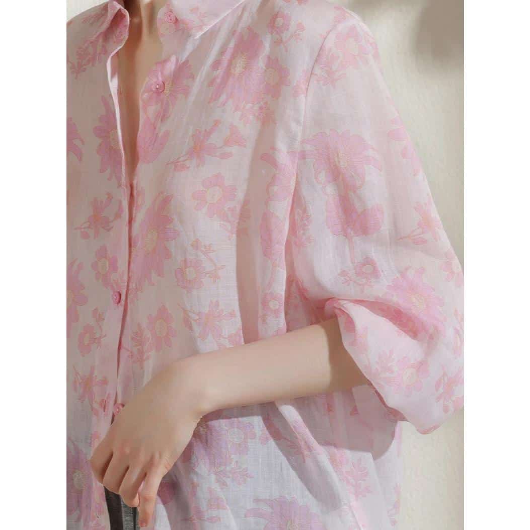 Optical-friendly pink floral blouse with comfortable fit and stylish design, perfect for casual or office wear, available at Monalisa Store.