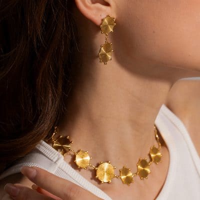 Luxury gold jewelry set featuring a matching necklace and earrings with intricate round designs, perfect for special occasions and fashion statement.