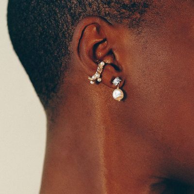 Close-up of a woman's ear showcasing stylish pearl and crystal earrings designed for women, featuring intricate jewelry craftsmanship and fashionable accessories suitable for various occasions.