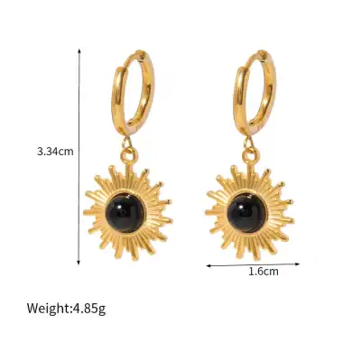 Dainty gold earrings with sunburst design, black onyx centerpiece, butterfly clasp, and lightweight structure, perfect for fashionable accessories, jewelry lovers, and gift ideas from Monalisa Store.