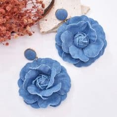 Blue denim flower earrings with button stud details, ideal for fashionable accessories and enhancing your style with unique jewelry pieces.