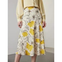 Stylish women's floral midi skirt with yellow and gray flower print, perfect for casual and office wear - upgrade your wardrobe today.