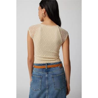 Women’s lace top with short sleeves, stylish beige design, perfect for casual and office wear. High-quality, comfortable, and trendy lace blouse available at Monalisa Store.