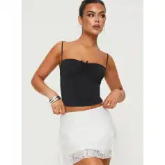 Elegant black strappy crop top with ruched design, ideal for summer fashion and trendy outfits.
