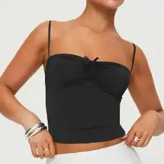Elegant black tank top with thin adjustable straps and ruched detail at the bust, perfect for casual or dressy occasions.