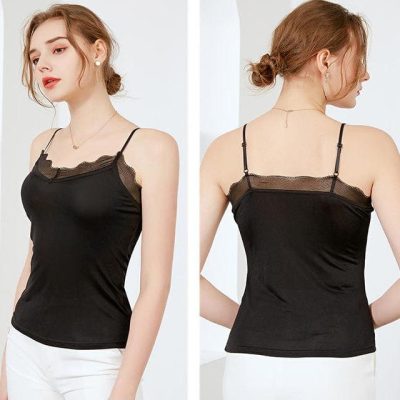 Women’s black lace trim camisole with adjustable straps, perfect for stylish and comfortable daily wear, suitable for layering or casual outings.
