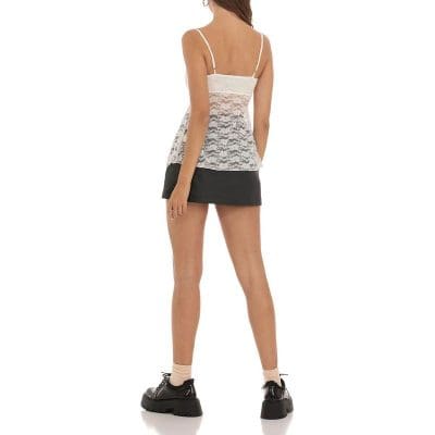 Women’s lace top and black skirt, casual streetwear fashion perfect for summer outings and stylish everyday wear.