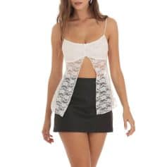 Women's stylish lace top with adjustable straps and cutout design, perfect for casual or dressy occasions. Made from lightweight, comfortable fabric.