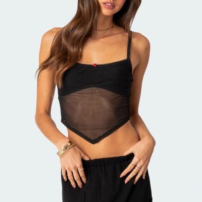 Fashionable women's black sheer top with adjustable straps and elegant design, perfect for trendy summer outfits and casual wear.