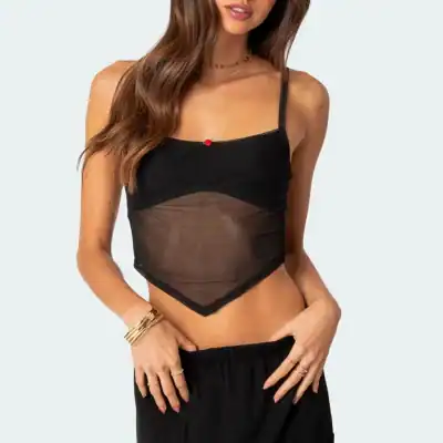 Elegant black sheer lingerie top with delicate straps, perfect for stylish and comfortable nightwear or intimate wear. Made from lightweight, breathable fabric for all-day comfort.