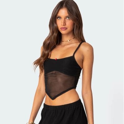 Fashionable black sheer mesh crop top with camisole design for stylish women's wear.