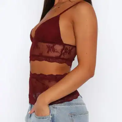 Elegant women's red lace lingerie crop top with matching high-waisted panties, perfect for intimate wear or special occasions.