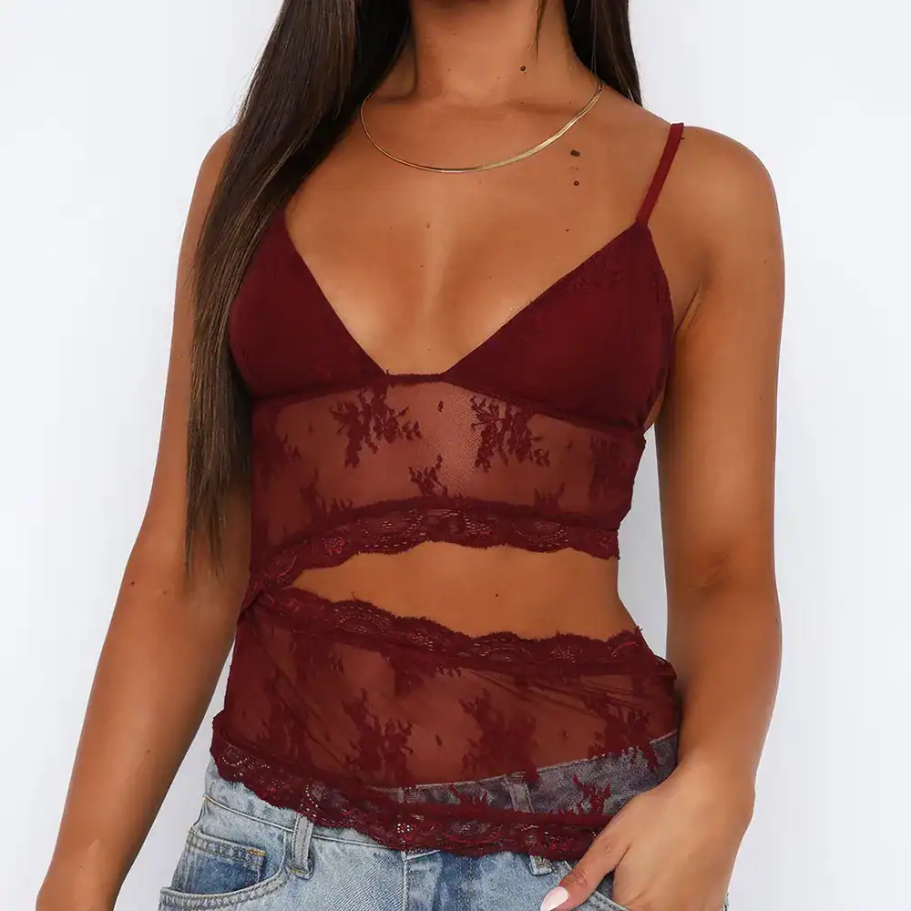 Elegant red lace sheer camisole for women, stylish and comfortable sleepwear, perfect for intimate occasions or everyday wear, available at Monalisa Medical Store.