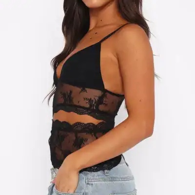 Elegant black lace women's lingerie top featuring floral patterns, ideal for special nights and adding a feminine touch to your wardrobe.