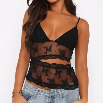 Stylish black lace and mesh lingerie top for women, fashionable and comfortable, perfect for intimate wear or special occasions, available at Monalisa Store.