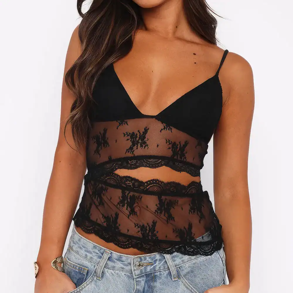 Stylish black lace and mesh lingerie top for women, fashionable and comfortable, perfect for intimate wear or special occasions, available at Monalisa Store.