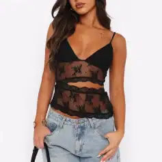 Black lace sheer tank top with floral embroidery, trendy and stylish for women, perfect for party or casual wear.