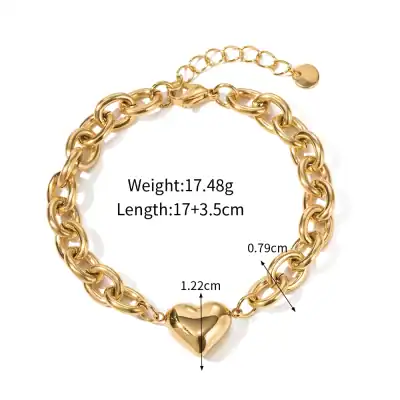 Elegant gold chain bracelet with heart pendant, 17.48g weight, adjustable length of 17+3.5cm, featuring a 1.22cm heart charm and delicate design, suitable for special occasions or daily wear.