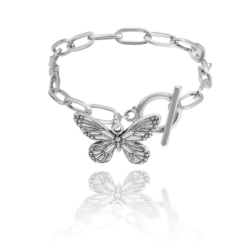 Delicate silver butterfly charm bracelet, perfect for women’s jewelry collection, featuring a secure toggle clasp and stylish chain link design.