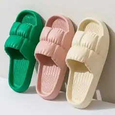 Comfortable and stylish slide sandals in green, pink, and beige, perfect for casual wear and summer outings. Features cushioned straps and non-slip soles for all-day comfort.