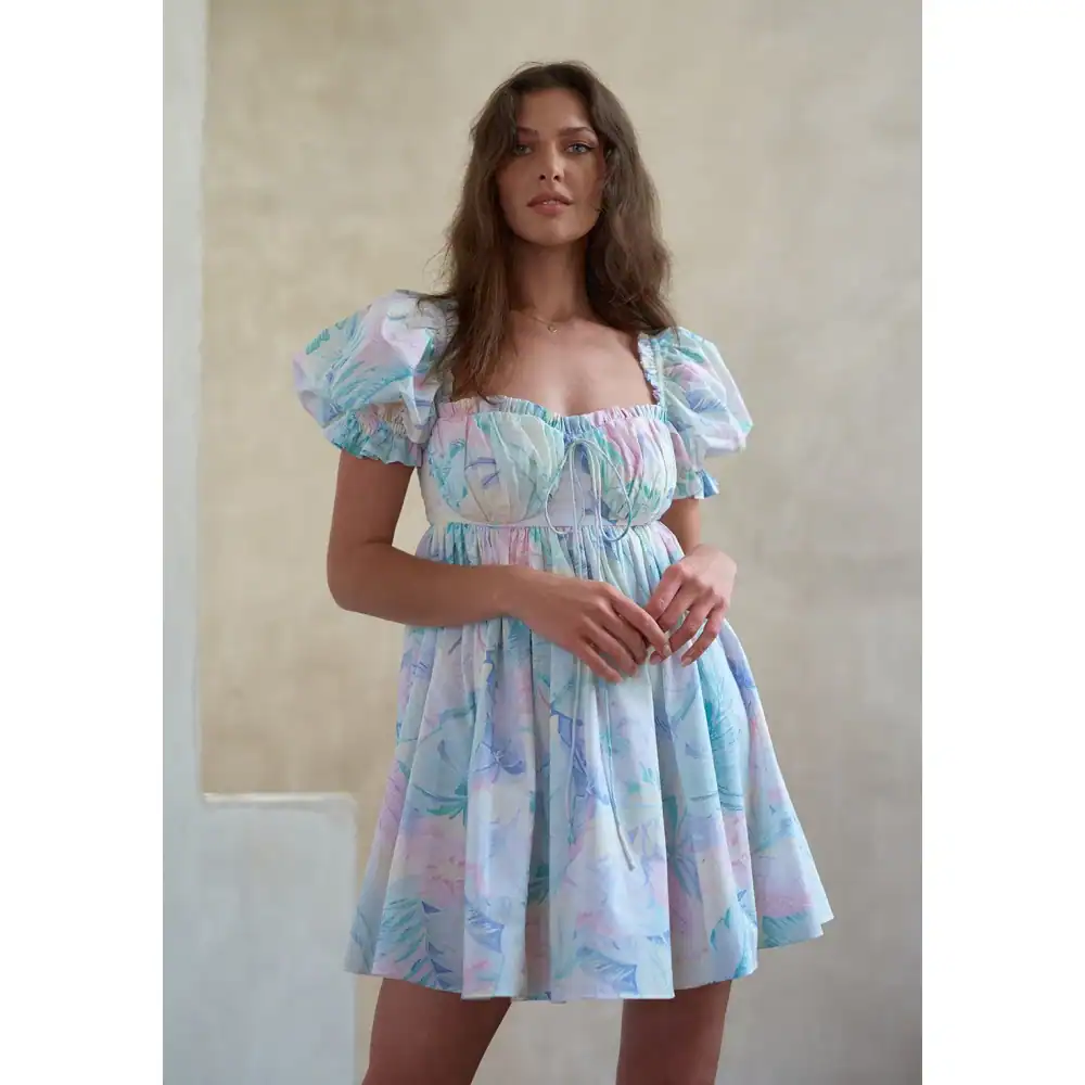 Elegant pastel floral summer dress with puff sleeves, perfect for casual and party wear, available at Monalisa Store.