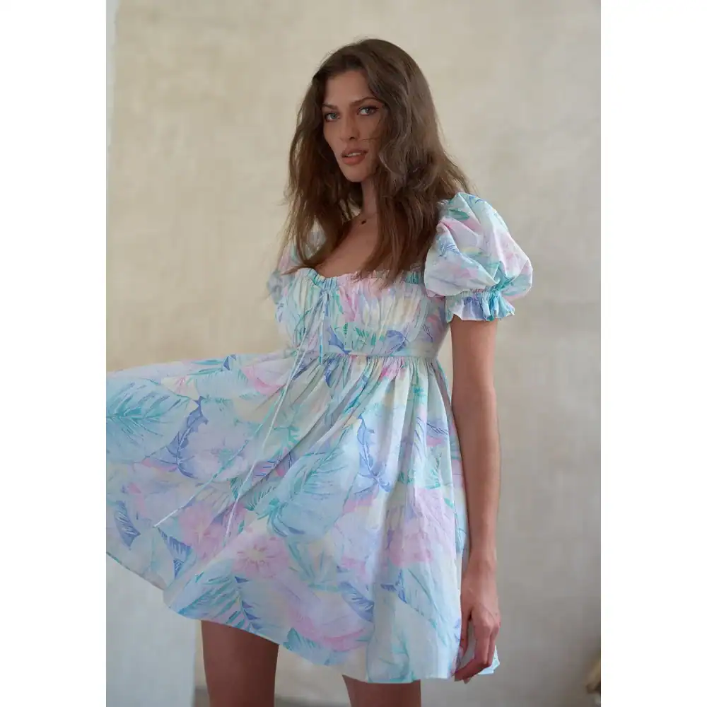 Elegant pastel floral sleeveless summer dress with puff sleeves for women.