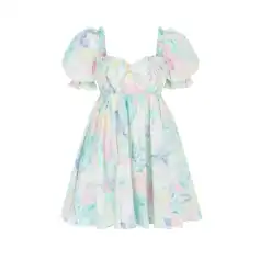 Elegant pastel puff dress with floral watercolor print, ruffled sleeves, and a flowy design, perfect for summer or special occasions.