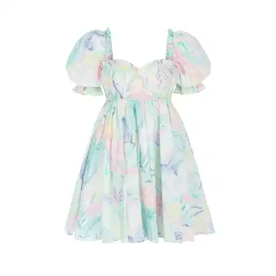 Elegant pastel puff dress with floral watercolor print, ruffled sleeves, and a flowy design, perfect for summer or special occasions.