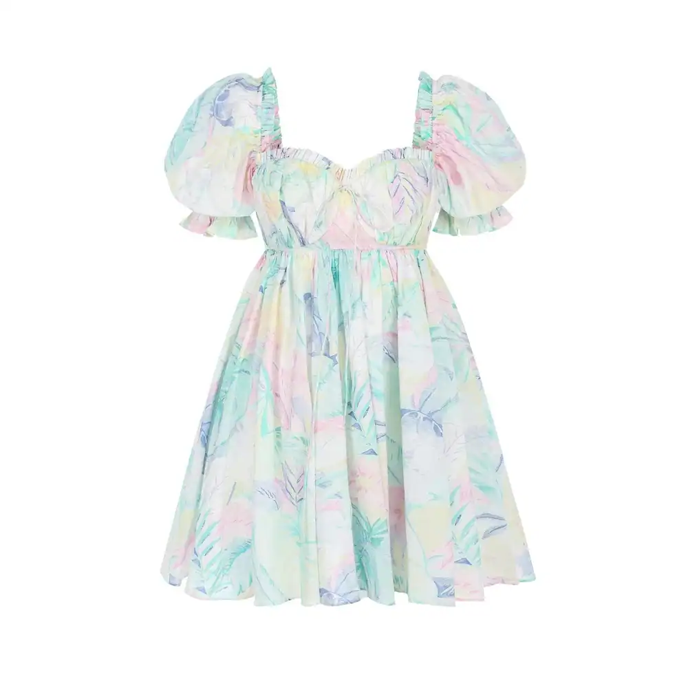 Elegant pastel puff dress with floral watercolor print, ruffled sleeves, and a flowy design, perfect for summer or special occasions.