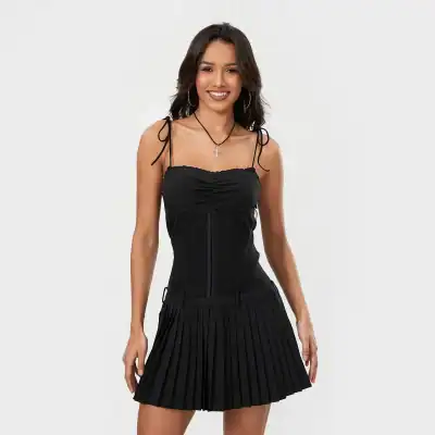 Elegant women’s black corset top with adjustable shoulder ties, perfect for fashion-forward outfit ideas and special occasions.