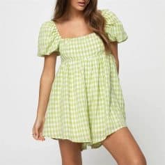 Light green gingham puff sleeve dress for women, perfect for casual summer wear and beach outings. Comfortable, stylish, and breathable fabric for an effortless summer look.