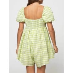 Bright lime green and white checkered dress with puff sleeves, back zipper closure, and comfortable fit, perfect for casual or summer outings.