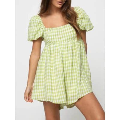 Bright yellow gingham maternity dress with puff sleeves, square neckline, and empire waist, perfect for maternity wear. Comfortable, stylish, and versatile for spring and summer occasions.