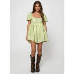 Women’s lime green checkered gingham dress with puff sleeves, in trendy, comfortable fit perfect for casual or outdoor occasions.