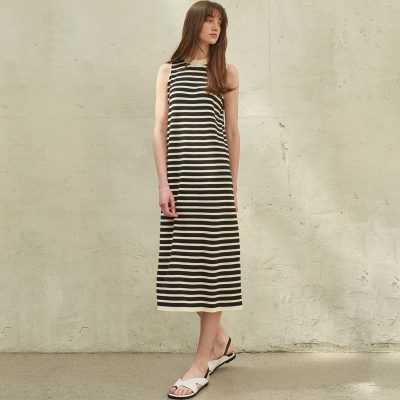 Elegant black and white striped sleeveless maxi dress, perfect for casual or summer wear, offering comfort and style.