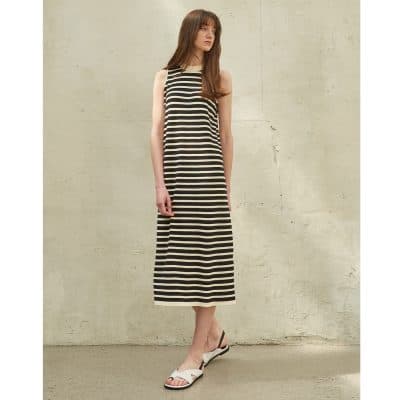 Elegant black and white striped maxi dress perfect for summer and casual outings, featuring sleeveless design and comfortable fit.
