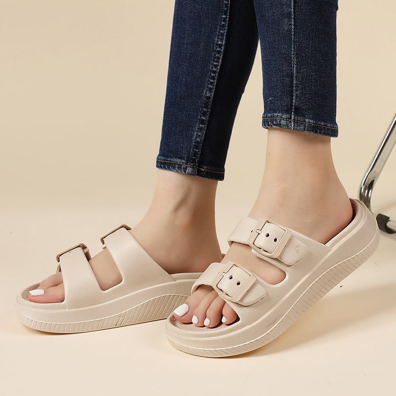 Comfy beige open-toe sandals with adjustable straps, perfect for casual wear and style. Lightweight, versatile, ideal for spring and summer outfits.