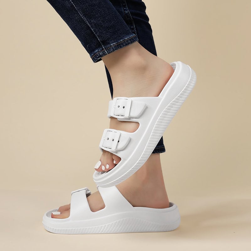 Comfortable women’s white casual wedge sandals with adjustable buckle straps for summer fashion. Perfect for stylish, everyday wear and easy to slip on.
