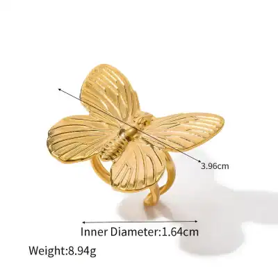 Elegant gold butterfly ring with detailed wing design, perfect for women’s fashion accessories. Crafted with high-quality material, it features an inner diameter of 1.64cm and weighs 8.94g for a lightweight feel.