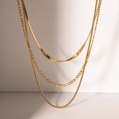 Versatile gold chain necklace displayed on a white bust, perfect for stylish women. Ideal for stacking or wearing alone, this jewelry piece enhances any outfit with timeless elegance.