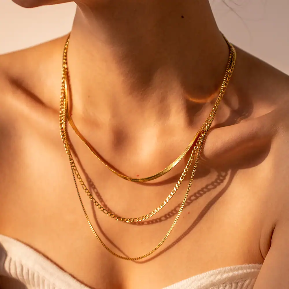 Elegant gold layered necklaces for women, perfect for fashion, jewelry, and accessories. Shop high-quality gold chains at Monalisa Store for a sophisticated look.