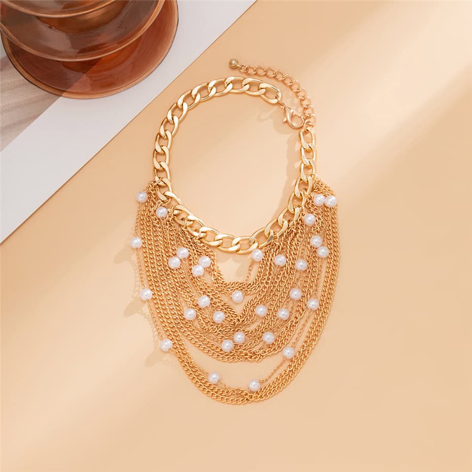 A stunning layered pearl and gold chain necklace, perfect for enhancing any elegant outfit. Designed with multiple strands and decorative pearls for a luxurious look suitable for special occasions.