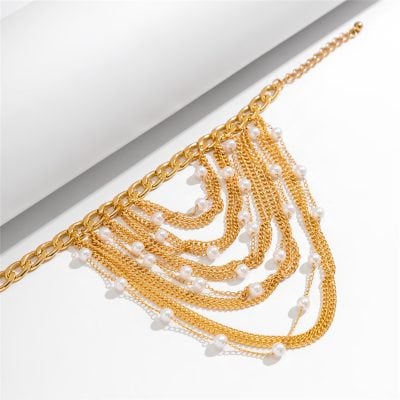 Stunning gold chain necklace adorned with white pearls, perfect for adding luxury and style to any look. Ideal for jewelry lovers seeking quality and fashion.