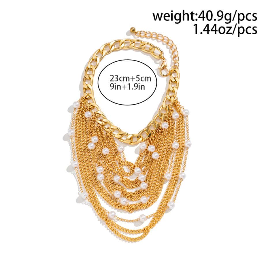 Gold layered necklace with pearls, perfect for women’s fashion, evening wear, and special occasions. Stylish and trendy jewelry piece to enhance any outfit.