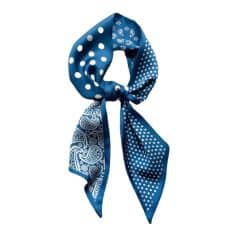 Elegant blue silk scarf featuring polka dots and paisley patterns, perfect for fashion-forward accessories. Ideal for adding a chic touch to any outfit.